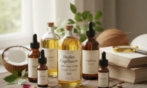 Sur une table on présente Huiles Capillaires 100% Pures et Bio : Le Guide Essentiel 2024